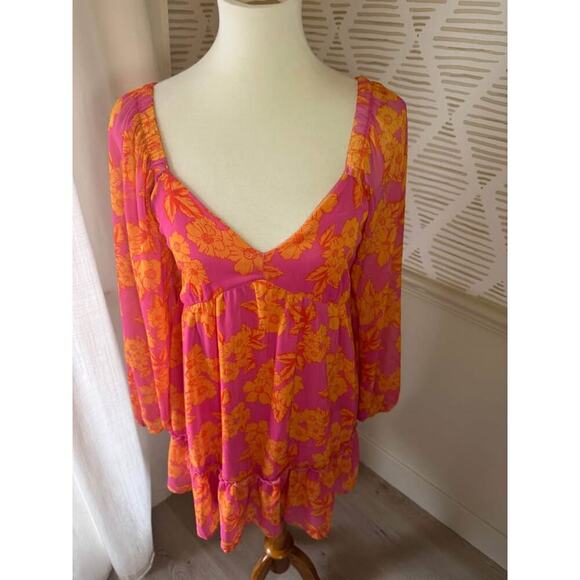 Peach Love Women’s Small Orange and Pink Sheer Floral Mini Dress - Picture 2 of 5